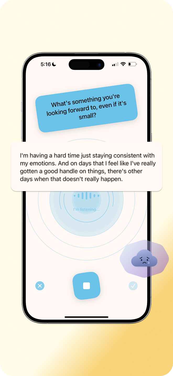 Journee app interface showing conversation prompt and voice recording